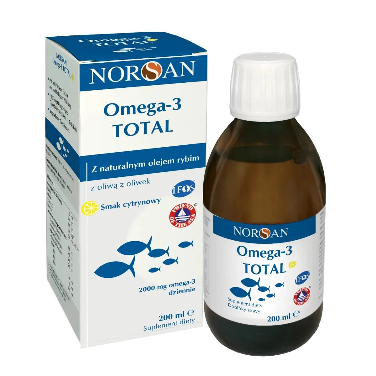 Norsan Omega-3 TOTAL olej rybny z witaminą D3 200 ml o smaku cytrynowym - zdjęcie 1