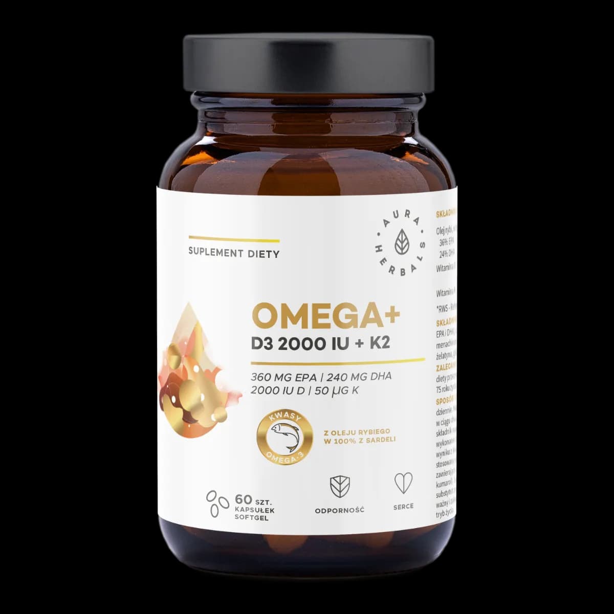Aura Herbals Omega+ Witamina D3 2000 IU + K2 MK-7 60 kapsułek - zdjęcie 1