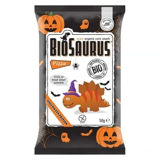 BIOSAURUS Chrupki kukurydziane Dinozaury HALLOWEEN o smaku pizzy BIO 50 g - zdjęcie 1