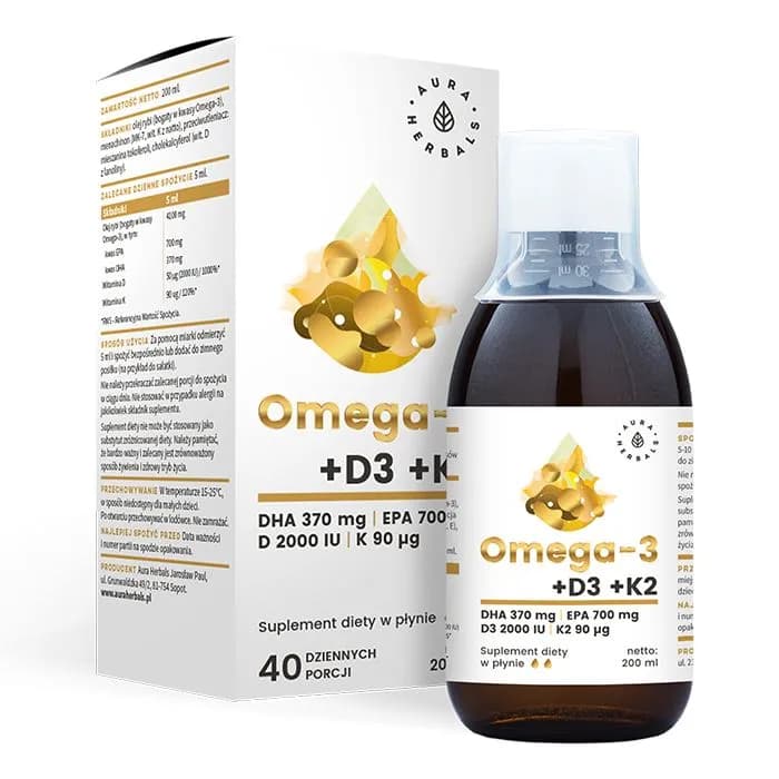 Aura Herbals Omega-3 + Witamina D3 2000IU + K2 MK-7 200 ml w płynie - zdjęcie 1