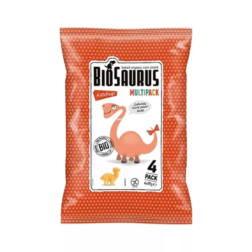 BIOSAURUS Chrupki kukurydziane Dinozaury o smaku ketchupowym BIO 4x15 g - zdjęcie 1