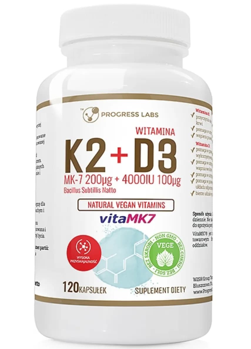 Progress Labs Wegańska K2 MK-7+ D3 4000IU+ L-leucyna 120 kapsułek - zdjęcie 1