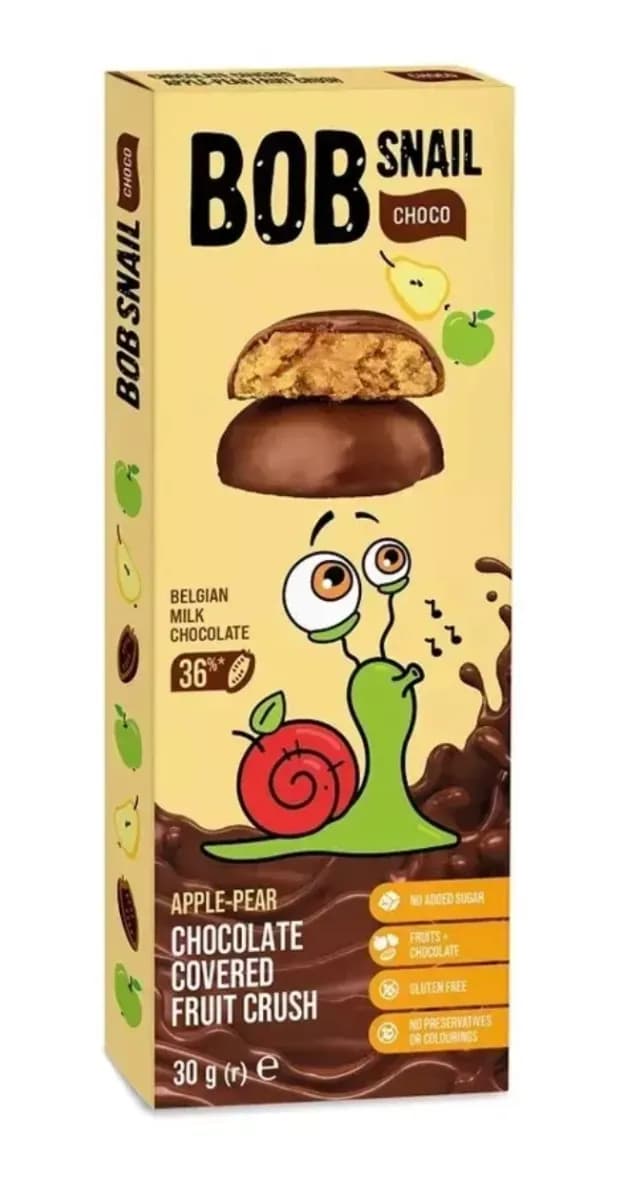 BOB SNAIL Przekąska jabłko gruszka w mlecznej belgijskiej czekoladzie 30 g - zdjęcie 1