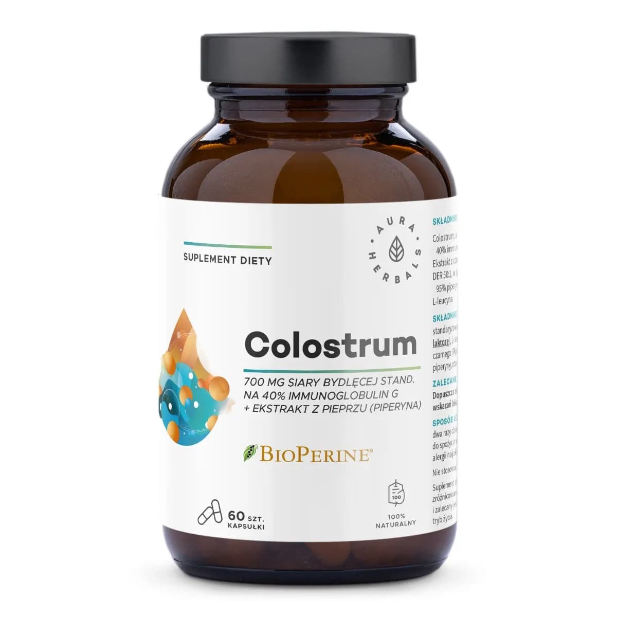 Aura Herbals Colostrum 700 mg + BioPerine 60 kapsułek - zdjęcie 1