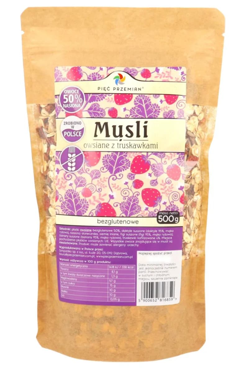 Pięć Przemian Musli owsiane z truskawkami bezglutenowe 500 g - zdjęcie 1
