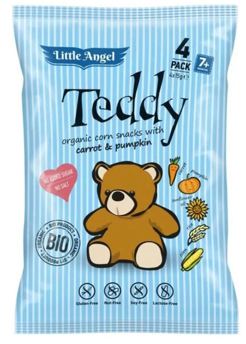 LITTLE ANGEL Chrupki kukurydziane TEDDY marchew dynia od 7 mies. BIO 4x15 g - zdjęcie 1