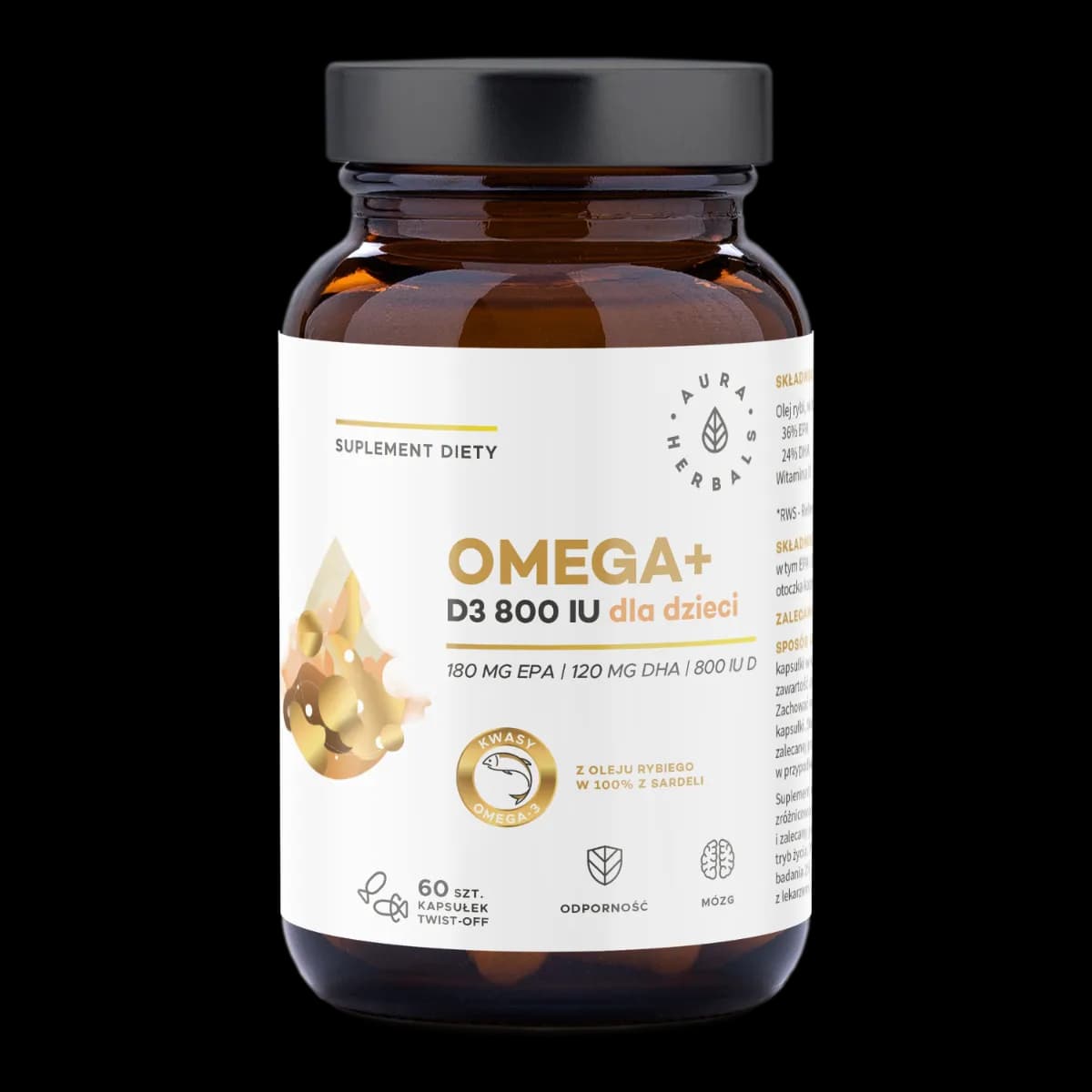 Aura Herbals Omega+ Witamina D3 800 IU dla dzieci 60 kapsułek twist-off - zdjęcie 1
